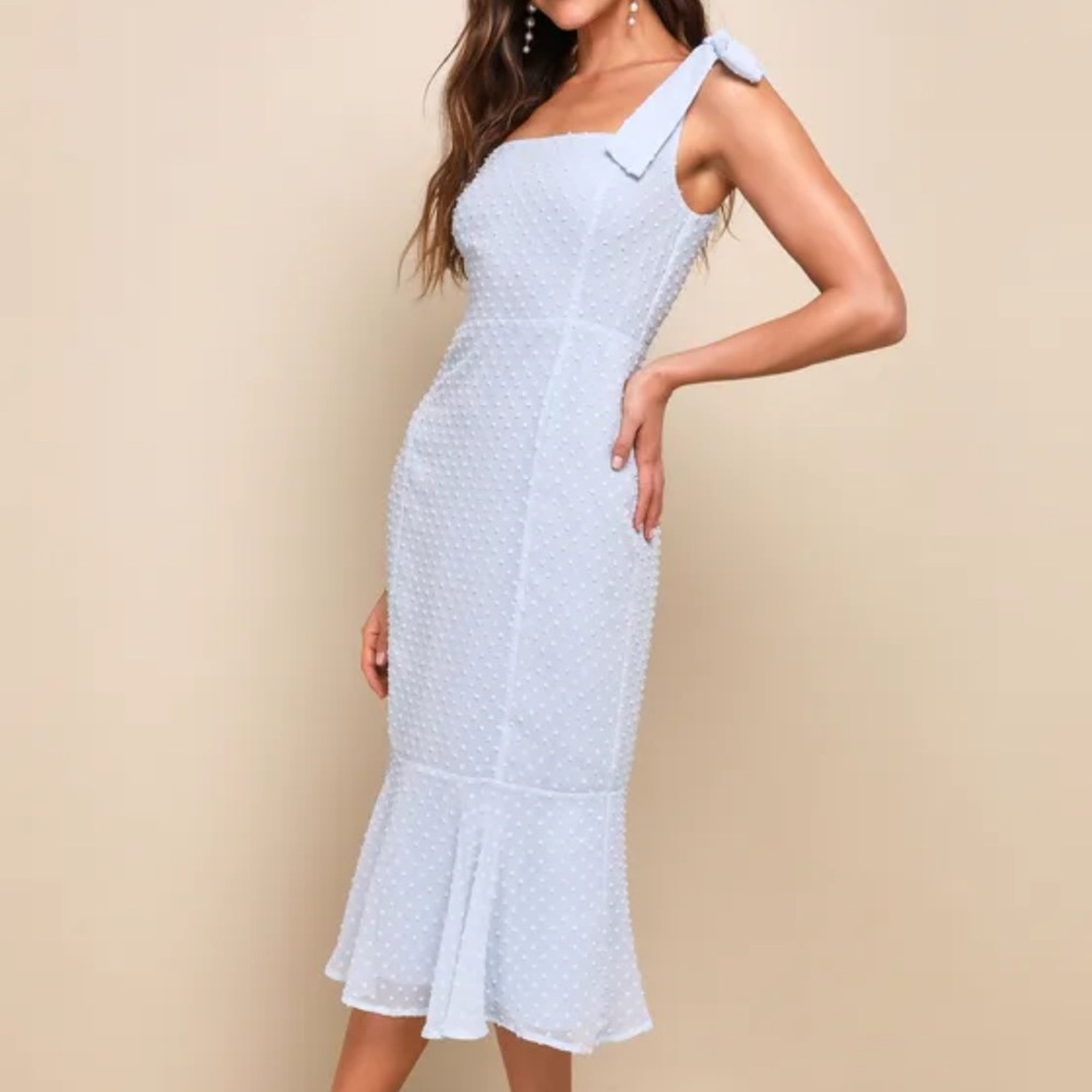 Lulus Bimini Periwinkle Blue Swiss Dot Tie-Strap Midi Dress